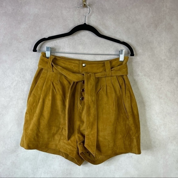 BA&SH Liam Belted Goat Suede Button Fly Shorts Camel Brown Size 1 US S/4 - Picture 2 of 15